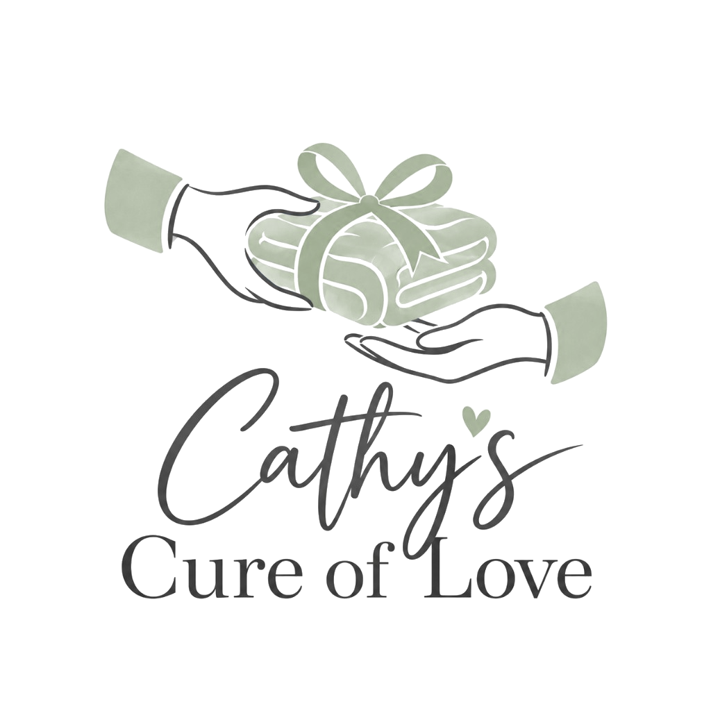 Cathy's Cure of Love. Two hands exchanging a folded blanket tied with a bow.